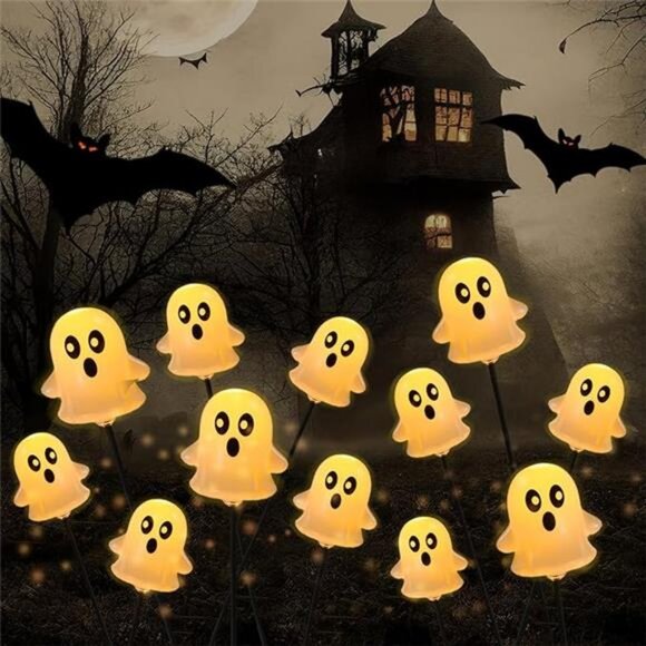 Halloween Decorations Outdoor Solar Cute Ghost Lights, 2 Pcs 12LEDs Solar - Picture 8 of 8